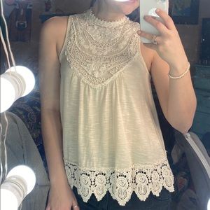 Cream Tank with White Crotchet Lace!